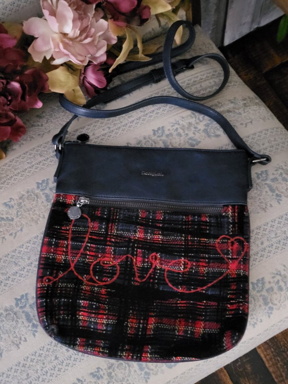 Desigual Plaid Tartan Crossbody Bag Red Black Embroidered Love NWOT